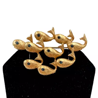 Erwin Pearl Gorgeous Vntg Figural Brooch Textured Gold-tn School Of Fish Sealife • $50