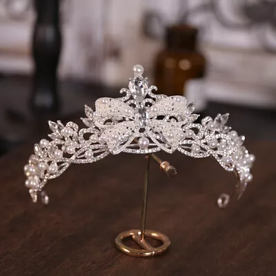 Pearl Crystal Tiara Crown Wedding Bridal Queen Pageant Prom 6cm Tall Elegant • £16.99