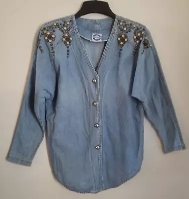 Bingo Bingo Denim Top Size 6 Bust 40   Vintage Embellished Studs 100% Cotton • $8.95