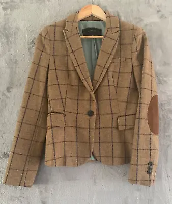 ZARA Blazer Jacket M 10 100% Wool Tweed Hacking Equestrian Elbow Patch Country • £28.99