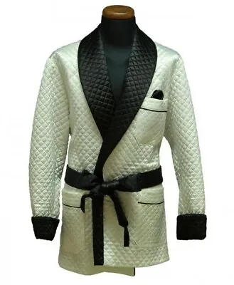Men Quilted Robe Vintage Smoking Dressing Gown Luxury Black Satin Lapel Coat • $259