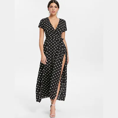 $0.99 • Buy Women Short Sleeve V Neck Swing Dress Decorated Polka Dot Printed Maxi Dress