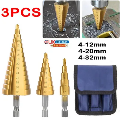 3Pcs Large HSS Steel Step Cone Drill Titanium Bit Set Hole Cutter 4-12/20/32mm • £7.99