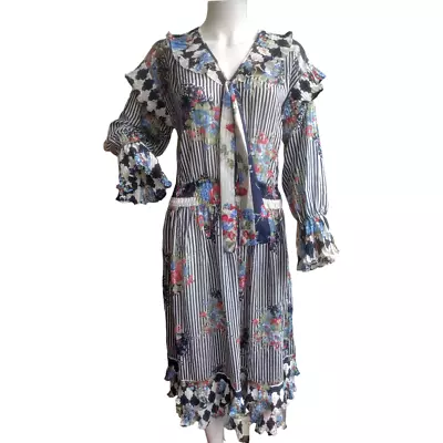 Vintage 80s Diane Freis Georgette Ruffle Frilly Striped Floral Chiffon Dress • $150