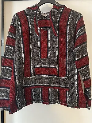 Artesanias Vega Mexican Hooded Surfer Poncho Sweater..red Graylarge.. • $15