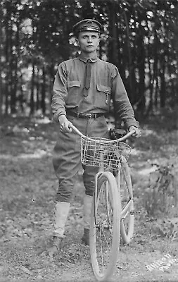 UNITED STATES ARMY SOLDIER & BICYCLE~1910s MILITARY REAL PHOTO POSTCARD • $15