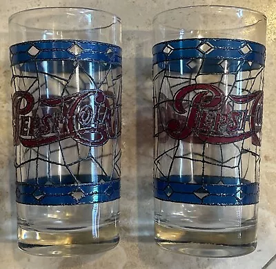 2 Vintage Pepsi Cola Drinking Glasses Tiffany Style Stained Glass Design • $18.95