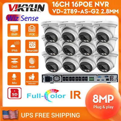 Vikylin 8MP Dual Light Fixed-focal Eyeball WizSense IP Camera 16CH 16POE NVR Lot • $99.75