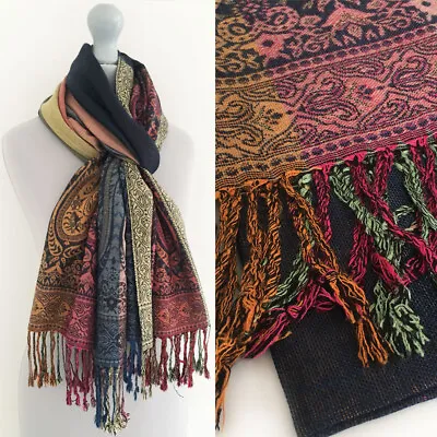 Navy Blue Pashmina Shawl Paisley Scarf Evening Wrap Long Rainbow Multicolour • £12.29