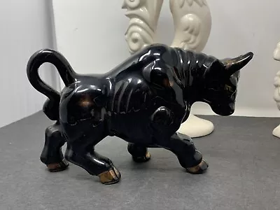 Vintage Ceramic Decor Black Bull Figurine Gold Accenteed Hooves • $40