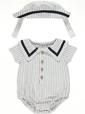 Baby Boys Grey Striped Sailor Bodysuit And Hat • £15.99