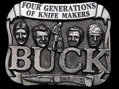 JC01168 VINTAGE 1970s **BUCK - 4 GENERATIONS OF KNIFE MAKERS** PEWTER BUCKLE • $13