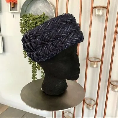 Vintage Union Made Toque Ribbon Wrapped Hat Navy Blue Ladies Millinery • $46