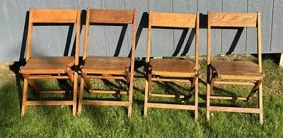 Vintage Slat Oak Wood Folding Chairs Snyder Chair Co. Made In USA- Lot Of 4 • $128.25