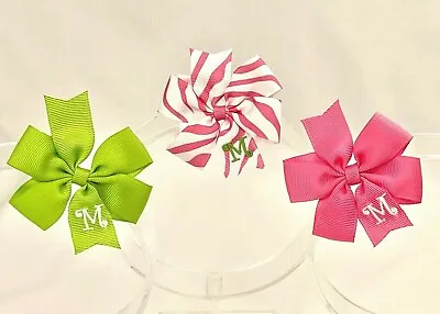 3 Personalized Hair Bow Lot 2.75  Toddler Girls Monogram Green/Pink Initial M • $9.99