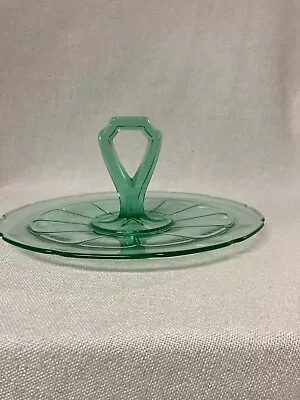 Victory Green Vaseline Depression Glass Center Handled Sandwich Tray By Diamond  • $18