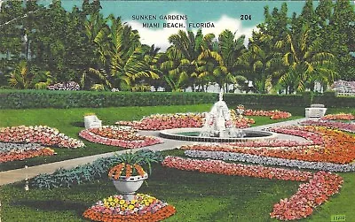 Vintage Florida Linen Postcard Miami Beach Sunken Gardens Flowers Fountain • $1.45