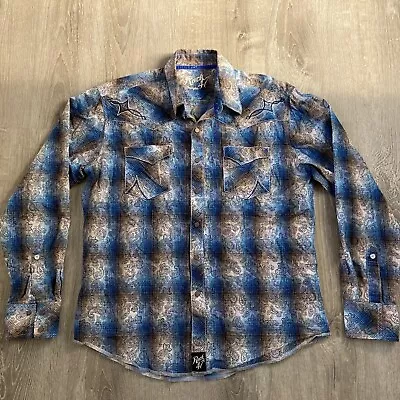 Wrangler Rock 47 Western Shirt Mens L Blue Paisley Embroidered Snaps Pockets • $15.87