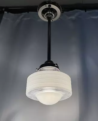 Vtg Ribbed Glass Art Deco MCM Pendant Lamp Schoolhouse Diner Ceiling Light Pole • $279.98