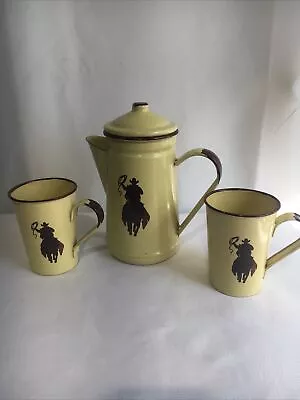 Western Vintage Yellow With Brown Cowboy Enamelware Tea Pot With 2 Mugs . • $40
