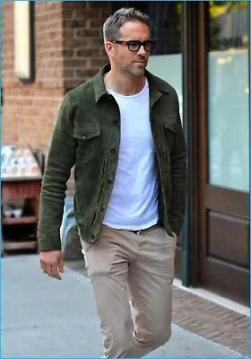 $135.99 • Buy Men's Olive Green Real Suede Leather Jacket Western Trucker Moto Biker Jacket