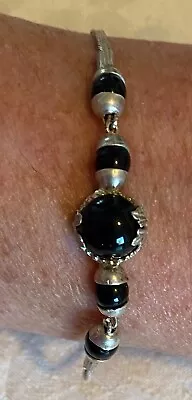 Vintage Sterling Silver Bracelet With Sterling & Onyx Beads • $15.99