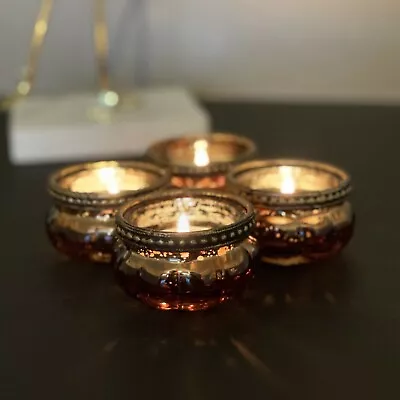 £14.95 • Buy Set Of 4 Ribbed Silver Rim Vintage Glass Tealight Candle Holders Wedding Bronze