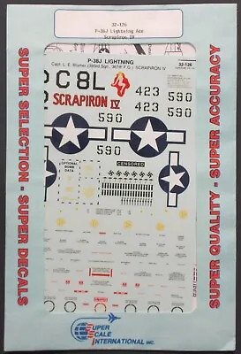 Super Scale International 1/32nd Scale P-38J Lightning Ace Decal Sheet No. 32126 • $25.99