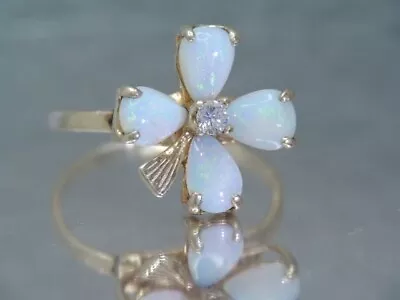 VINTAGE SOLID 10K YELLOW GOLD OPAL & DIAMOND CLOVER RING Sz 7 • $225