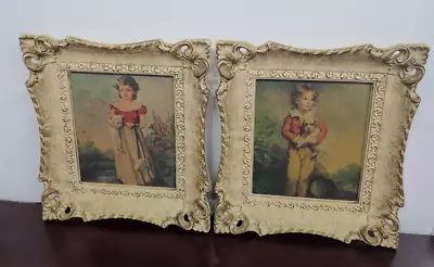 Jane Freeman Chums Girl & CatMaster Simpson Boy & Dog Prints In Vintage Frames • $103.50