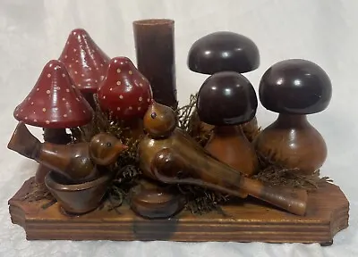 Wooden FOLK MUSHROOM And BIRD SCULPTURE HAND CRAFTED RUSTIC ART W/Vase Vintage • $35