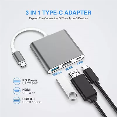 Type C USB 3.1 To USB-C 4K HDMI 3.0 Adapter Cable 3in1 Hub For Macbook Pro Grey • £7.45