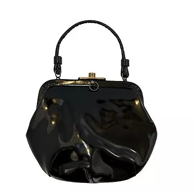 Vintage Kadin Small Black Shiny Brass Hardware Top Handle Purse Pinup Rockabilly • $24.95