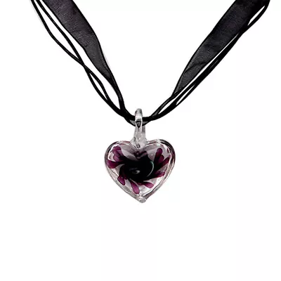 Murano Glass Pendant Necklace Purple Heart Flowers Ribbon Chain • £5.90