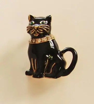 $5.95 • Buy Vintage Monet Enameled Black Cat Rhinestone Collar Gold Tone Brooch Costume Pin