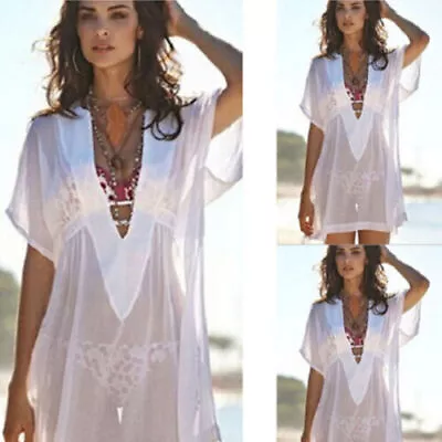 Lady Mesh Sheer Beach Bikini Cover Up Blouse Swimsuit V Neck Beachwear Loose Top • $19.19