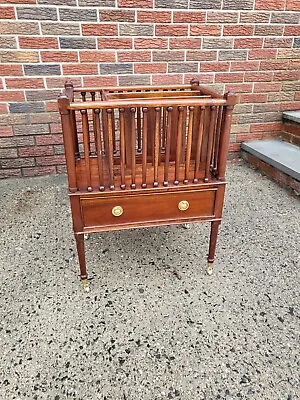 Antique Mahogany Canterbury Magazine Rack W Drawer & Brass Casters  • $350