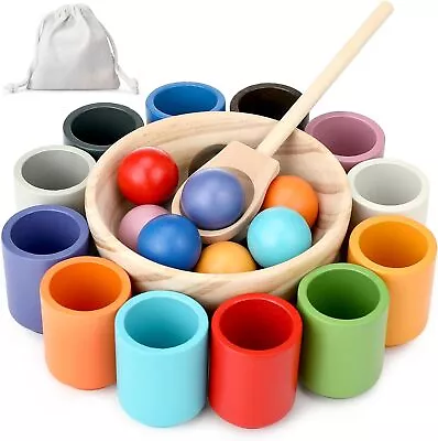 Baby Montessori Wooden Toy Rainbow Ball And Cups Color Sorting Game UK • £18.89