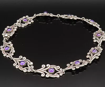 TAXCO 925 Silver - Vintage Cabochon Amethyst Scroll Swirl Link Necklace - NE3882 • £163.71
