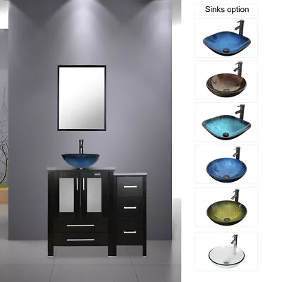 36  Black Bathroom Vanity W/Small Cabinet Modern Tempered Glass Vessel Sink Top • $169.99