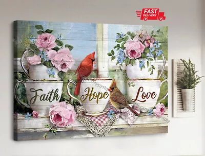 $14.32 • Buy Male And Female Cardinal, Pink Roses, Tea Cup, Faith Hope Love - Jesus Landsc...