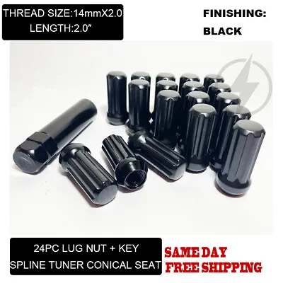 FIT FORD F150 EXPEDITION 2‘’ SPLINE TUNER LUG NUT CONICAL SEAT 14x2 BLACK 24PC • $24.29