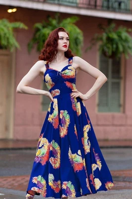 £75 • Buy TRASHY DIVA VINTAGE 40s 50s STYLE ROYAL BLUE FEATHER PRINT MAXI DRESS - S
