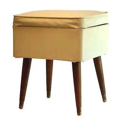 MCM SEWING STOOL STORAGE BENCH DANISH MODERN FOOTSTOOL Beige VINYL Wood PEG LEGS • $66.33