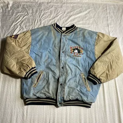 Mickey Mouse Denim Varsity Jacket Sz L Vintage 90’s Disney Store 1928 With Hood • $90