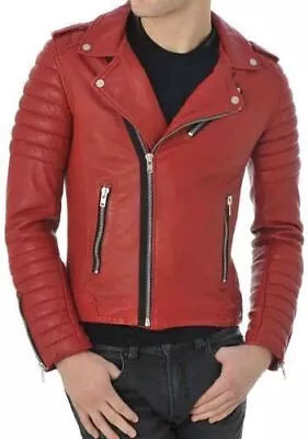 Red Men's Jacket Genuine Lambskin Leather Motorcycle Biker Handmade Casual Style • $117.90