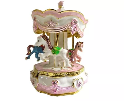 Bejeweled Pink Carousel Hinged Metal Enameled Crystal Trinket Box • $29.99