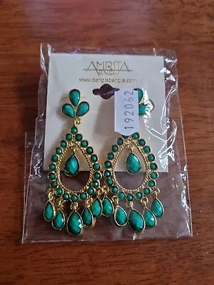 Amrita Singh Gold Crystal Turquoise Chandelier Teardrop Earrings NWT • £49.99