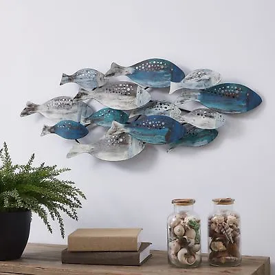 School Of Fish Wall Art Sculpture Aqua Blue Distressed Metal Coastal Nautical  • $81.60