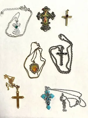 Avon Lot 7 Necklaces Pendants Crucifix Sacred Heart Cross Angel Vtg Catholic • $14.75